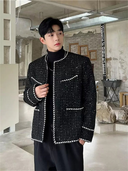 Men's Unique Knitted Trimmed Collarless Tweed Jacket