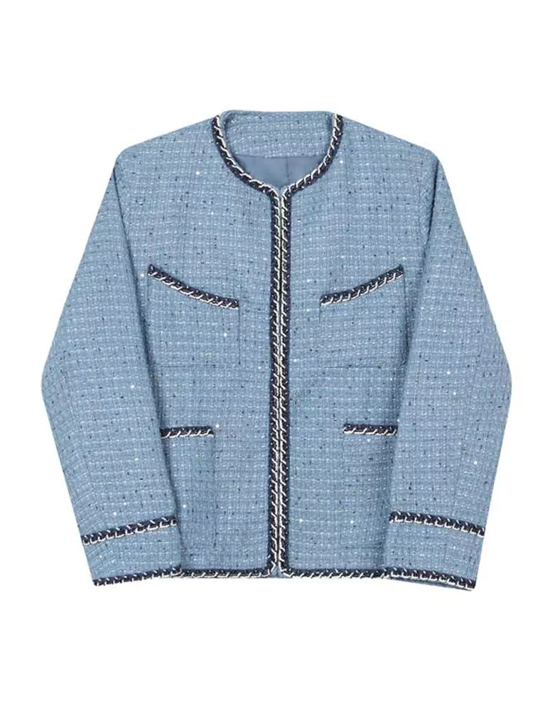 Men's Unique Knitted Trimmed Collarless Tweed Jacket