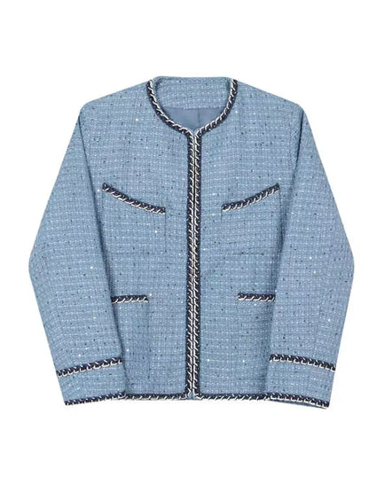 Men's Unique Knitted Trimmed Collarless Tweed Jacket