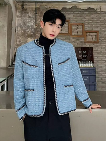 Men's Unique Knitted Trimmed Collarless Tweed Jacket