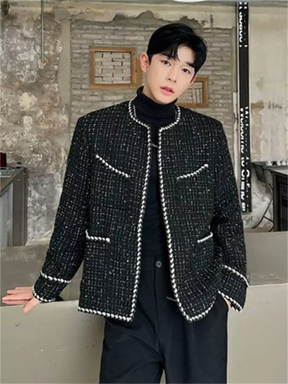 Men's Unique Knitted Trimmed Collarless Tweed Jacket