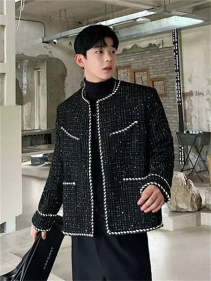 Men's Unique Knitted Trimmed Collarless Tweed Jacket