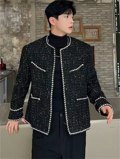 Men's Unique Knitted Trimmed Collarless Tweed Jacket
