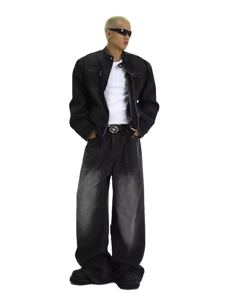 Vaqueros vintage lavados de corte limpio y pierna ancha para hombre