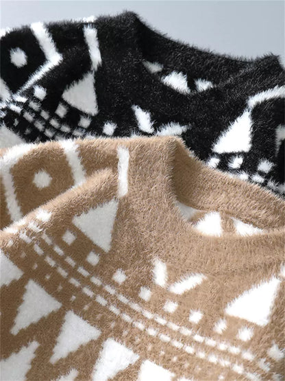 Herren-Pullover mit Rundhalsausschnitt und Jacquardmuster aus Kunstnerzfell