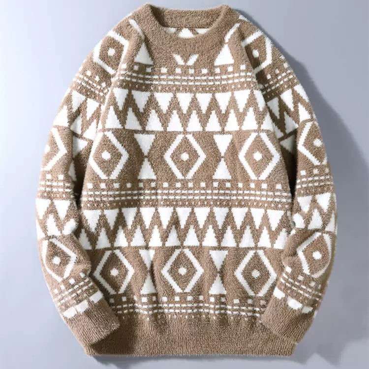 Men's Faux Mink Fur Jacquard Round Neck Sweater