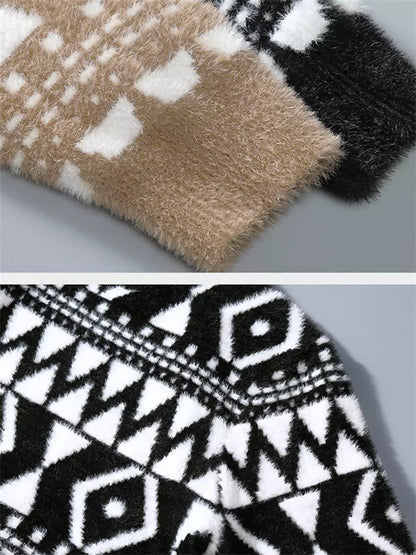 Herren-Pullover mit Rundhalsausschnitt und Jacquardmuster aus Kunstnerzfell