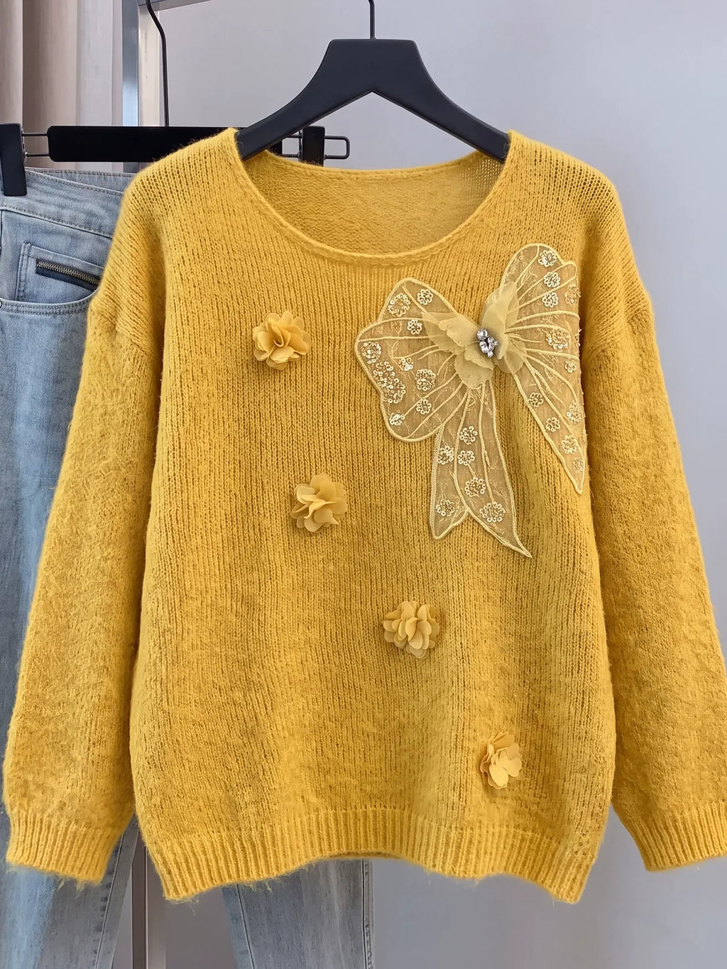Mesh Bow Applique 3D Flower Fuzzy Knit Sweater