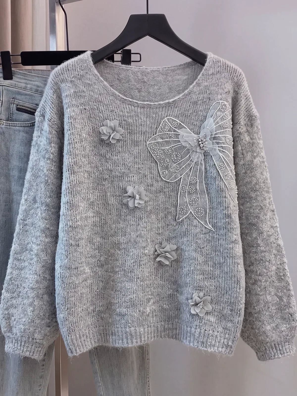 Mesh Bow Applique 3D Flower Fuzzy Knit Sweater