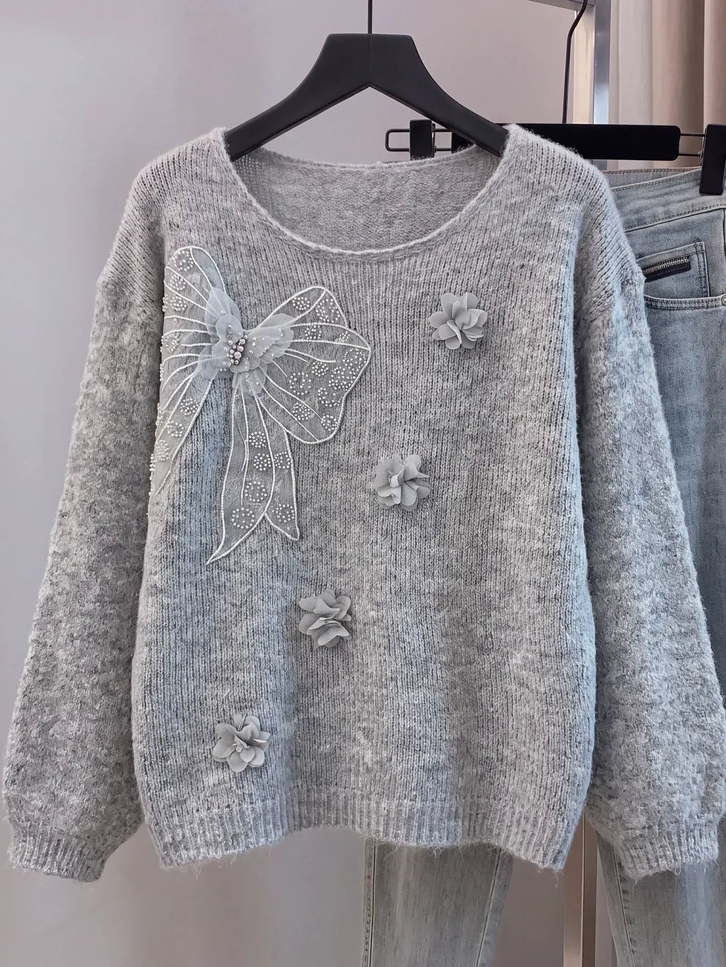 Mesh Bow Applique 3D Flower Fuzzy Knit Sweater