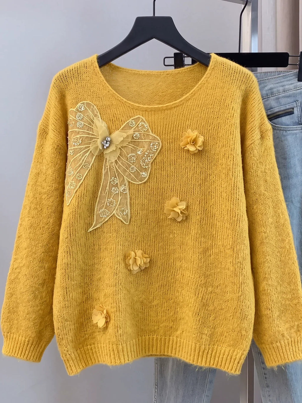 Mesh Bow Applique 3D Flower Fuzzy Knit Sweater