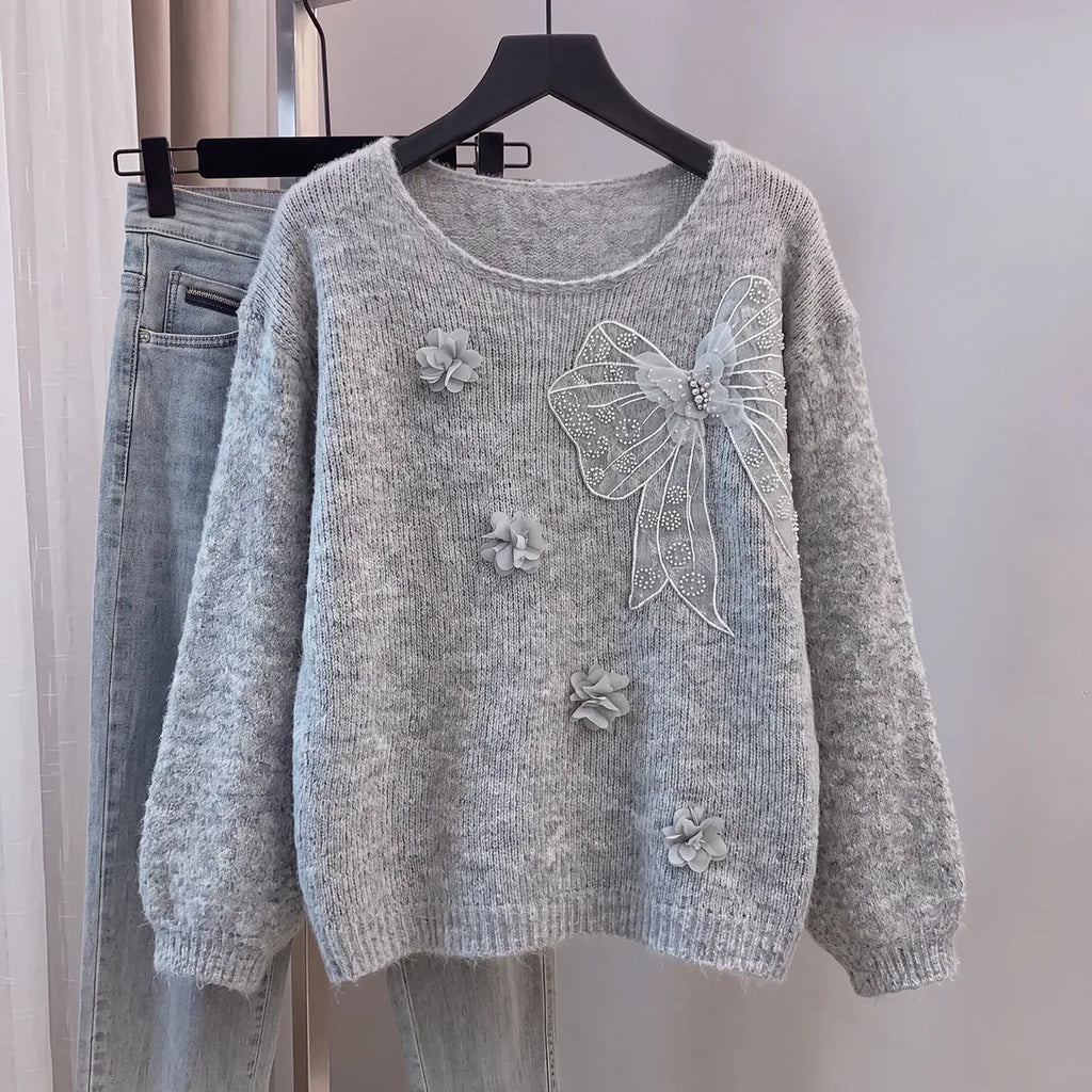 Mesh Bow Applique 3D Flower Fuzzy Knit Sweater