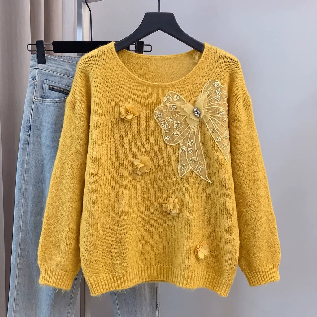 Mesh Bow Applique 3D Flower Fuzzy Knit Sweater