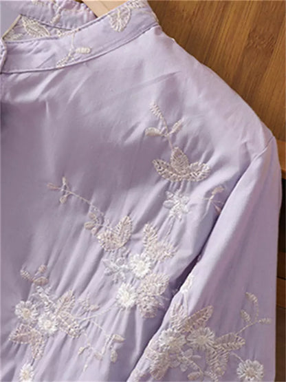 Ramie-Hemd mit 3/4-Ärmeln, Mesh-Einsatz und Vintage-Blumenstickerei