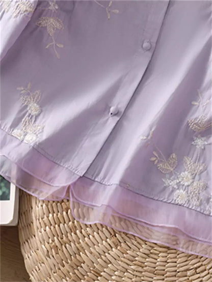 Ramie-Hemd mit 3/4-Ärmeln, Mesh-Einsatz und Vintage-Blumenstickerei