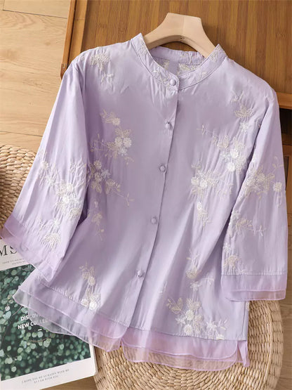 Ramie-Hemd mit 3/4-Ärmeln, Mesh-Einsatz und Vintage-Blumenstickerei