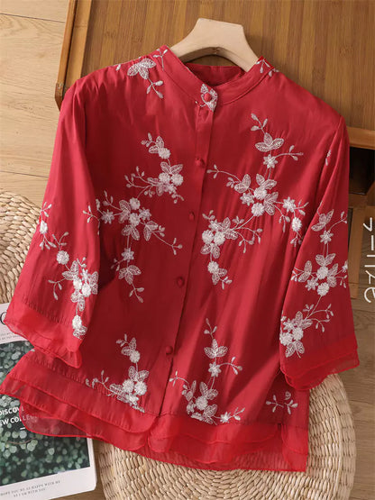 Ramie-Hemd mit 3/4-Ärmeln, Mesh-Einsatz und Vintage-Blumenstickerei