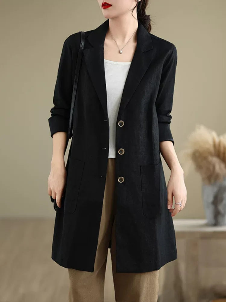 Mid-Length Notched Lapel Blazer with Patch Pockets