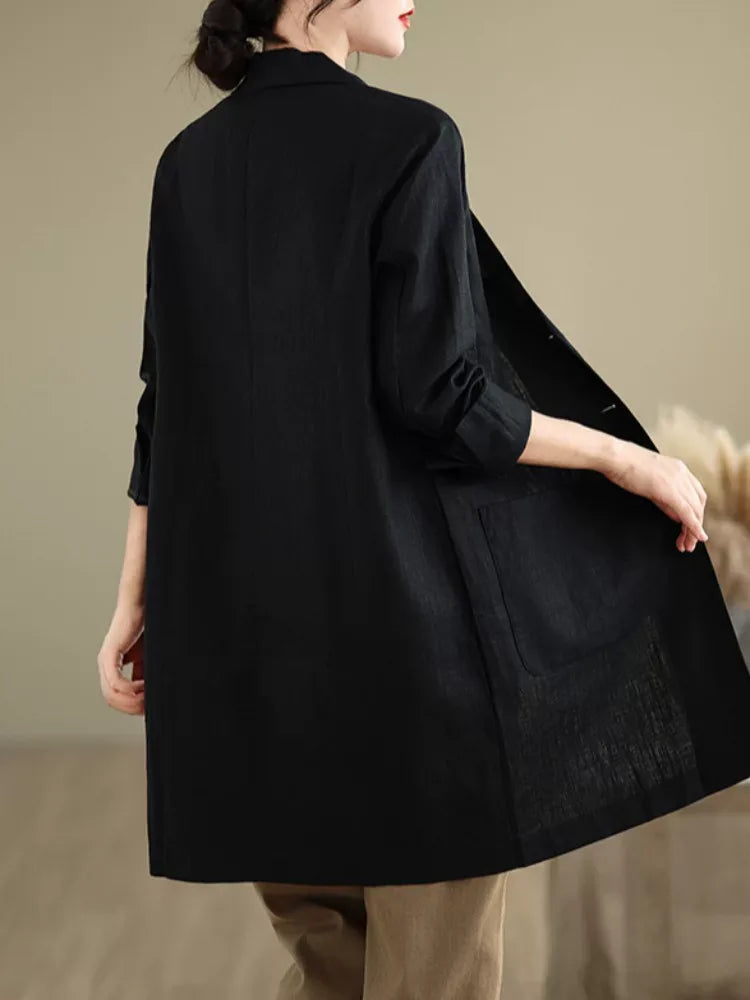 Mid-Length Notched Lapel Blazer with Patch Pockets
