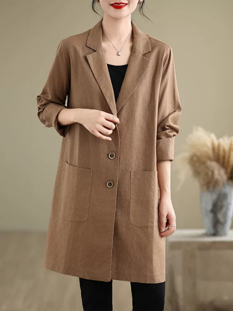 Mid-Length Notched Lapel Blazer with Patch Pockets