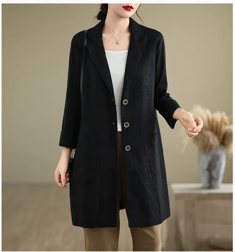 Mid-Length Notched Lapel Blazer with Patch Pockets