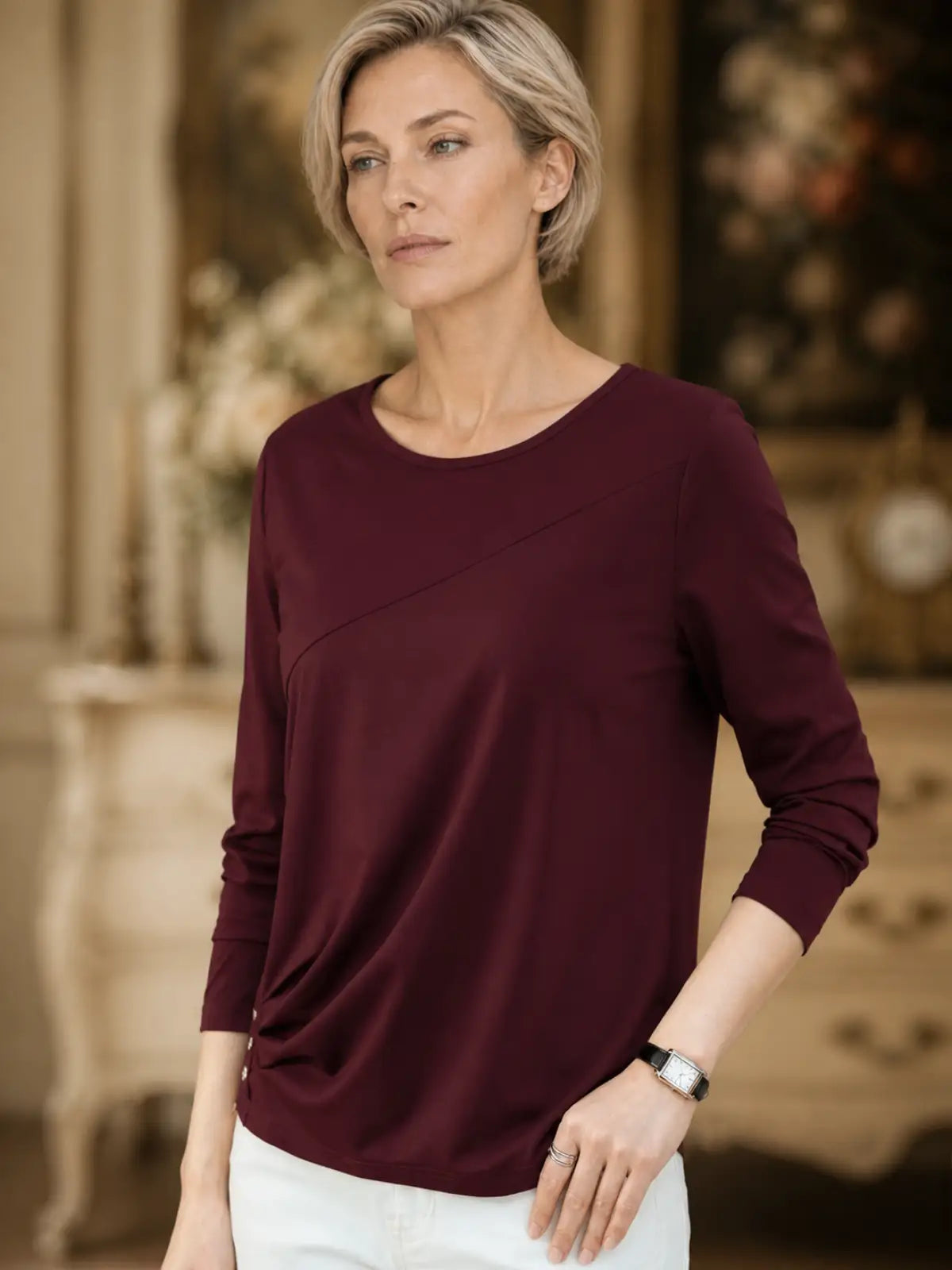 Modal-Blend Top with Asymmetrical Seam & Side Buttons - detail view