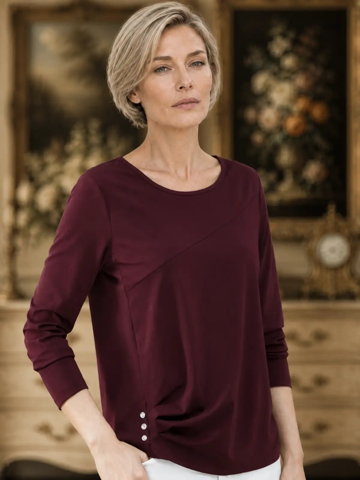 Modal-Blend Top with Asymmetrical Seam & Side Buttons - flat lay view