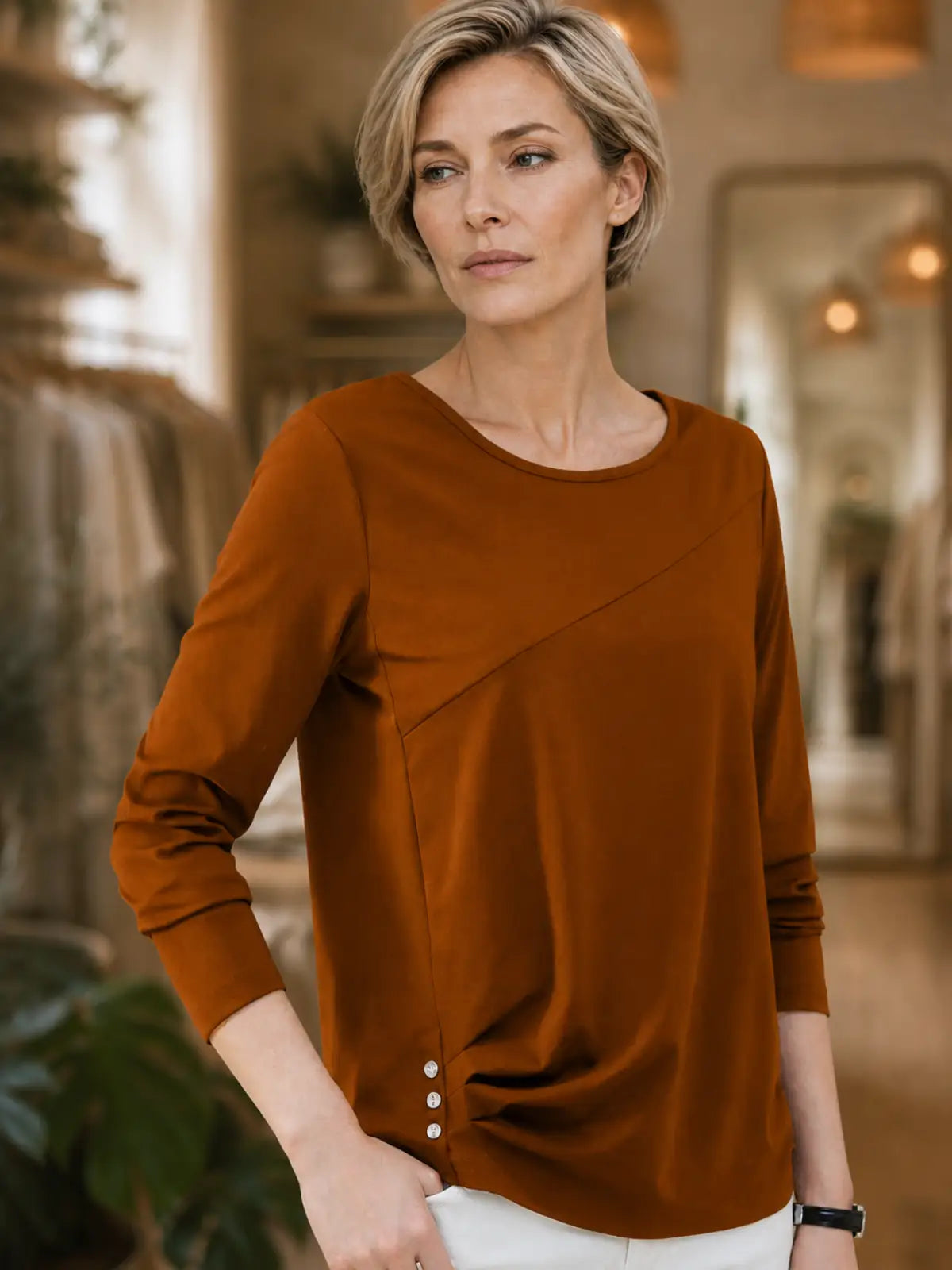 Modal-Blend Top with Asymmetrical Seam & Side Buttons - full body view