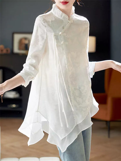 Modern Chinese Asymmetrical Chiffon Jacquard Button Blouse with Mandarin Knot Detailing