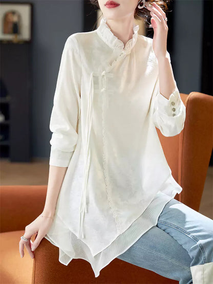 Modern Chinese Asymmetrical Chiffon Jacquard Button Blouse with Mandarin Knot Detailing