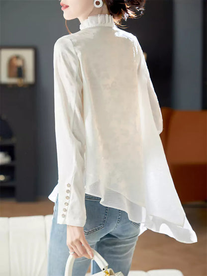 Modern Chinese Asymmetrical Chiffon Jacquard Button Blouse with Mandarin Knot Detailing