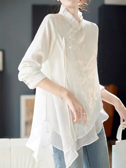Modern Chinese Asymmetrical Chiffon Jacquard Button Blouse with Mandarin Knot Detailing