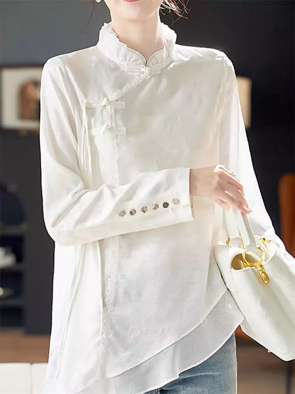 Modern Chinese Asymmetrical Chiffon Jacquard Button Blouse with Mandarin Knot Detailing