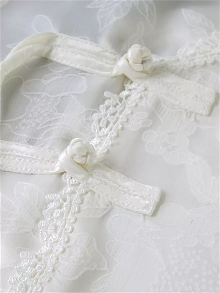 Modern Chinese Asymmetrical Chiffon Jacquard Button Blouse with Mandarin Knot Detailing