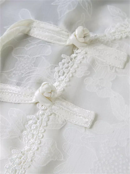 Modern Chinese Asymmetrical Chiffon Jacquard Button Blouse with Mandarin Knot Detailing