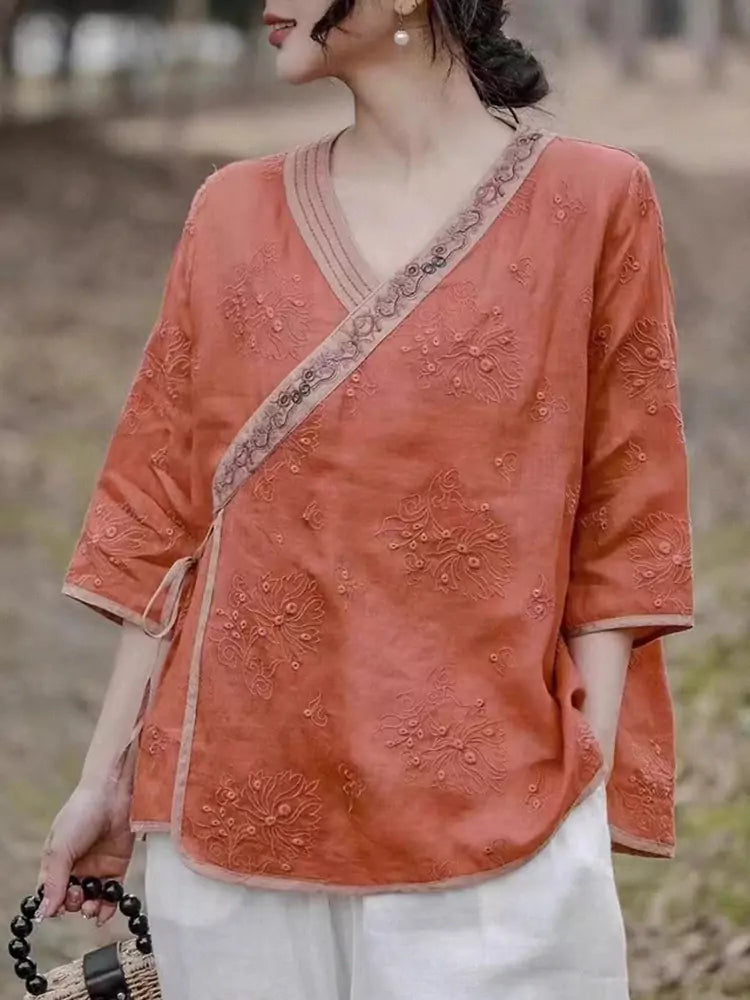 Modern Chinese Cross-Tie Ramie Short Sleeve Embroidered Zen Blouse
