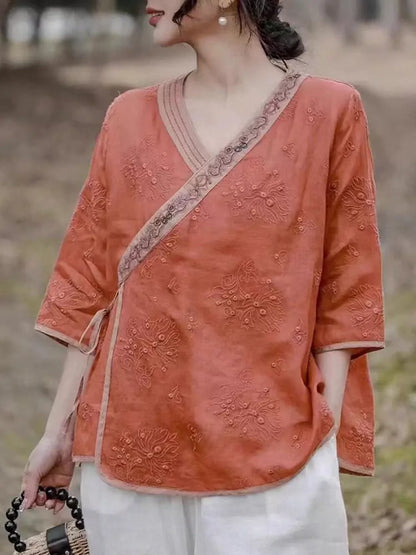 Modern Chinese Cross-Tie Ramie Short Sleeve Embroidered Zen Blouse