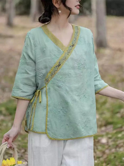 Modern Chinese Cross-Tie Ramie Short Sleeve Embroidered Zen Blouse