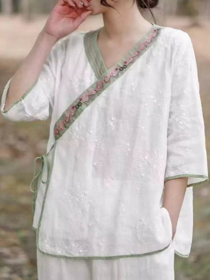 Modern Chinese Cross-Tie Ramie Short Sleeve Embroidered Zen Blouse