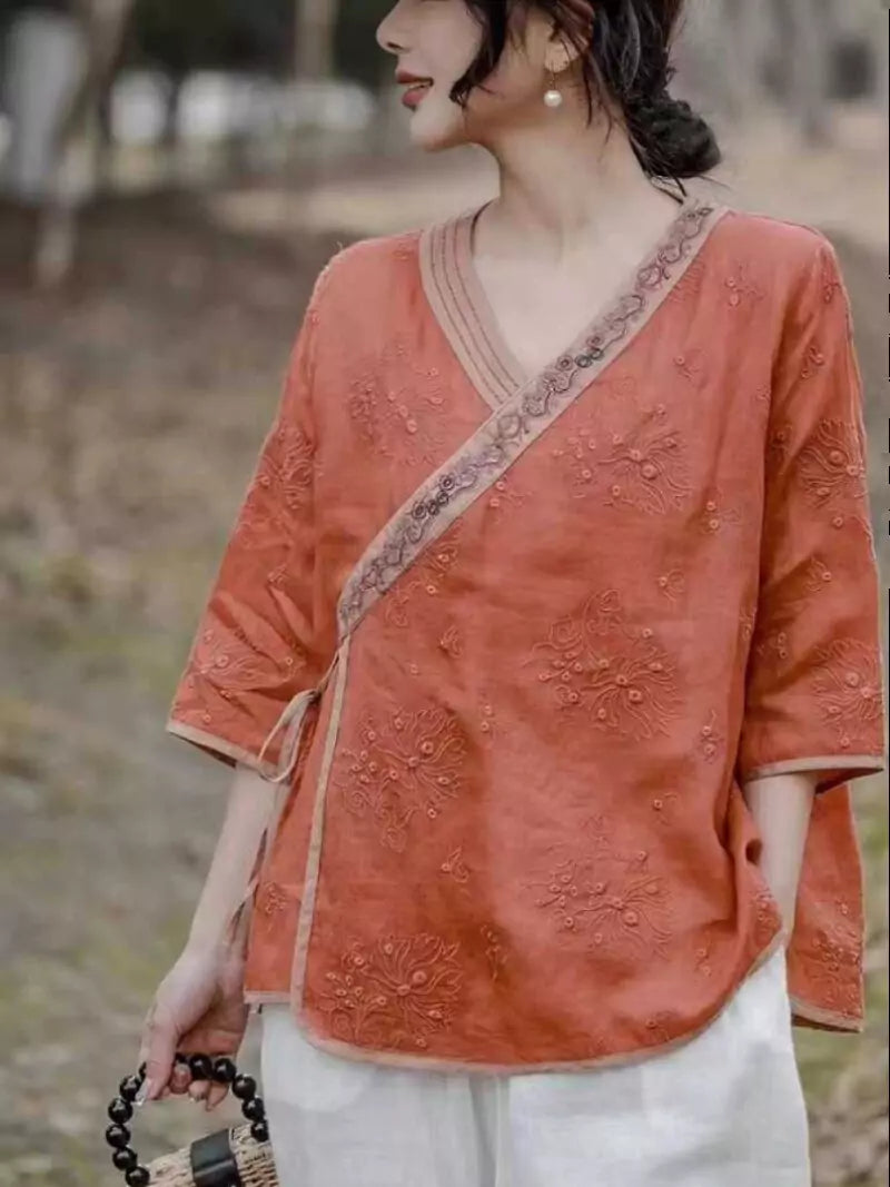 Modern Chinese Cross-Tie Ramie Short Sleeve Embroidered Zen Blouse
