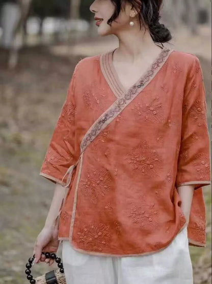 Modern Chinese Cross-Tie Ramie Short Sleeve Embroidered Zen Blouse