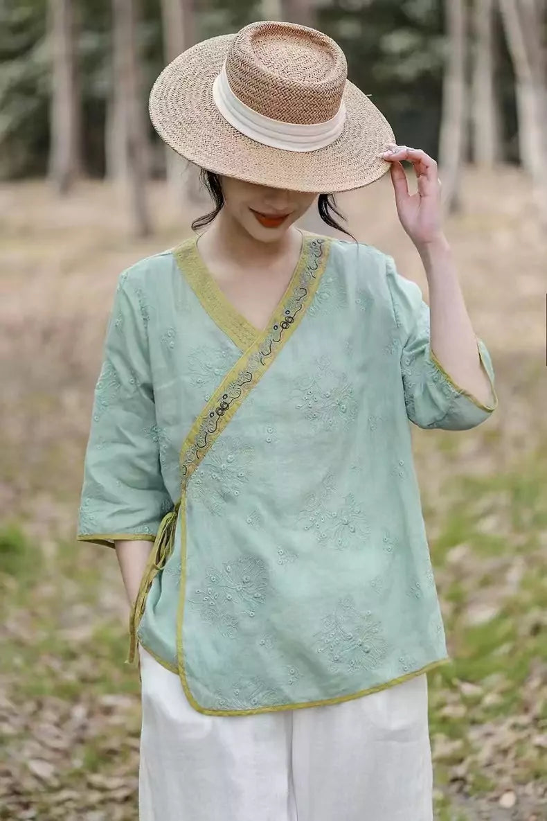Modern Chinese Cross-Tie Ramie Short Sleeve Embroidered Zen Blouse