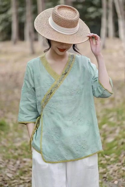 Modern Chinese Cross-Tie Ramie Short Sleeve Embroidered Zen Blouse