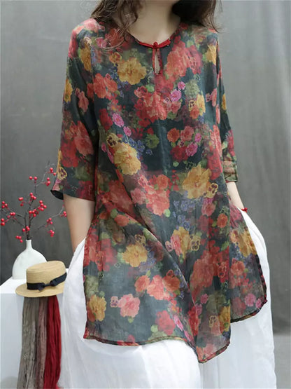 Modern Chinese Printed Ramie Shirt