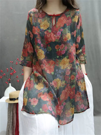 Modern Chinese Printed Ramie Shirt