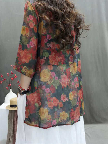 Modern Chinese Printed Ramie Shirt