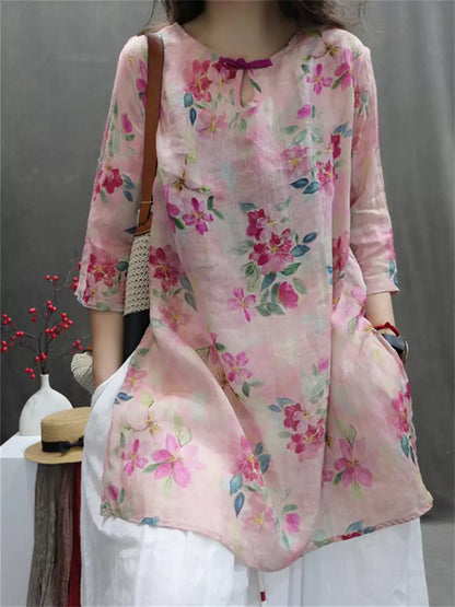 Modern Chinese Printed Ramie Shirt