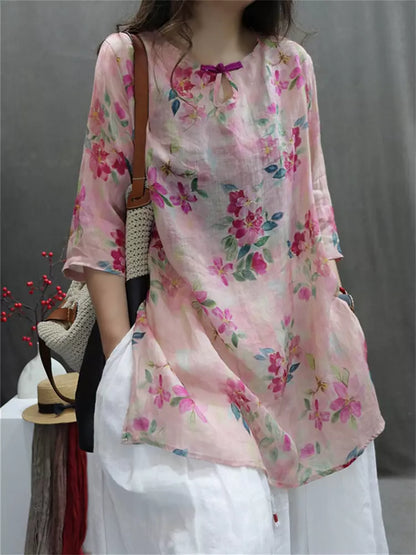 Modern Chinese Printed Ramie Shirt