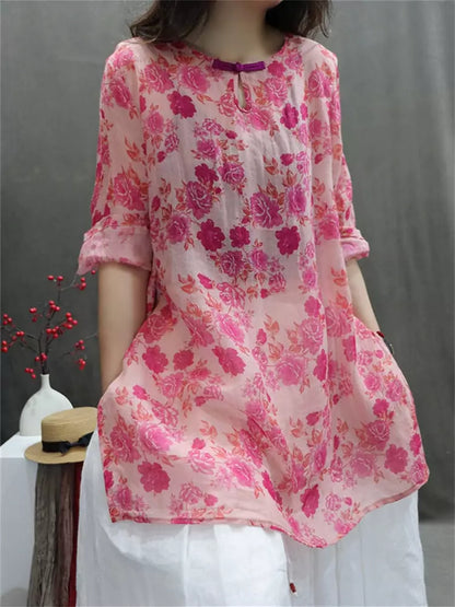 Modern Chinese Printed Ramie Shirt