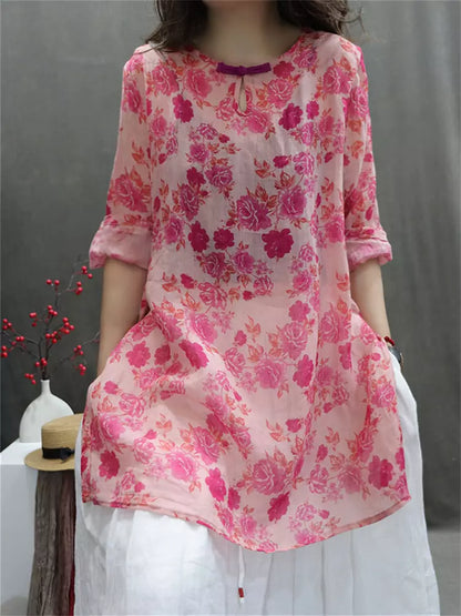 Modern Chinese Printed Ramie Shirt